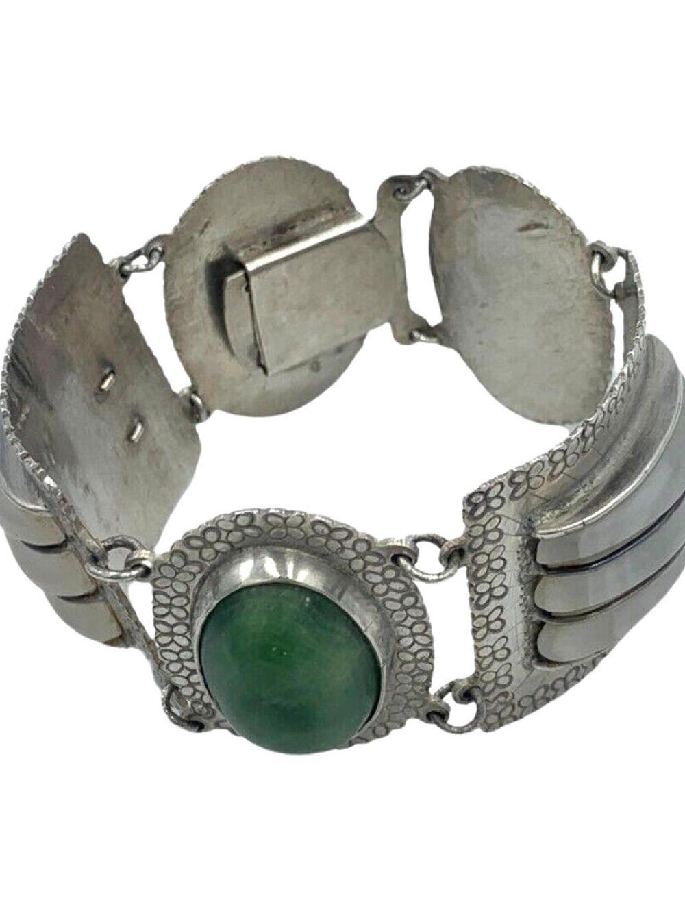 Vintage Sterling Silver Quartz Nephrite Wide Bracelet Mexico